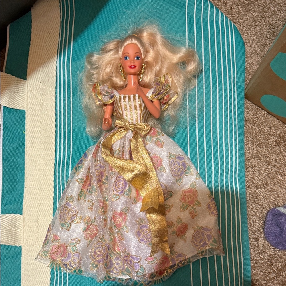 Barbie Doll with Floral Dress and Gold Accents